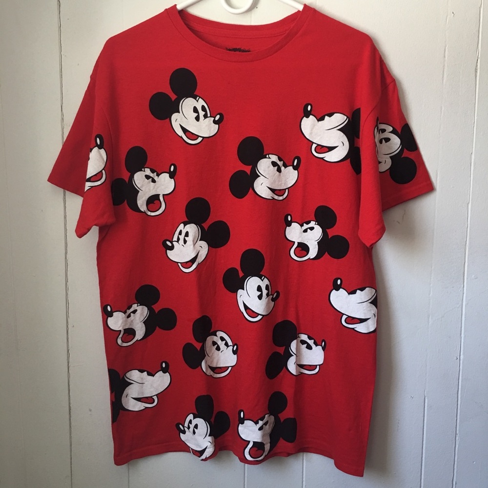 Red Disney Mickey Mouse shirt.